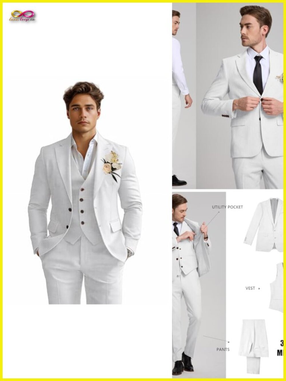 Linen 3 Piece Slim Fit Suit Set for Men Beach Wedding Formal Prom